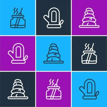 Set line Aroma diffuser, Stack hot stones and Sauna mitten icon. Vector Stockillustratie