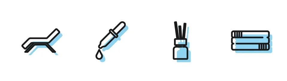 Set line Aroma diffuser, Sunbed and umbrella, Pipette and Towel stack icon Illustrazione stock