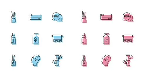 Set line Aroma diffuser, Yin Yang, Bamboo, Essential oil bottle, Towel on hanger Stock Illustration