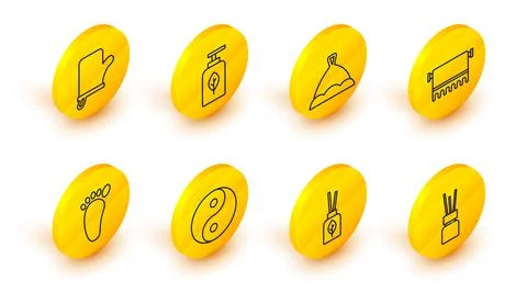 Set line Aroma diffuser, Yin Yang, Foot massage, Towel on hanger, Sauna hat Stock Illustration