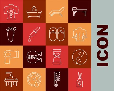 Set line Aroma diffuser, Yin Yang, Massage, Sunbed and umbrella, Pipette, Foot Illustrazione stock