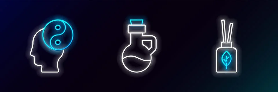 Set line Aroma diffuser Yin Yang and Essential oil bottle icon. Glowing neon. Illustrazione stock
