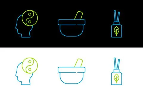 Set line Aroma diffuser, Yin Yang and Mortar and pestle icon. Vector Stock Illustration