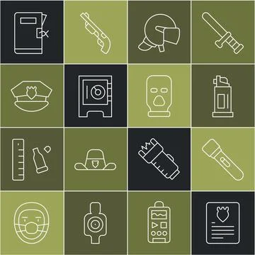 Set line The arrest warrant, Flashlight, Pepper spray, Police helmet, Safe, cap Stock Illustration