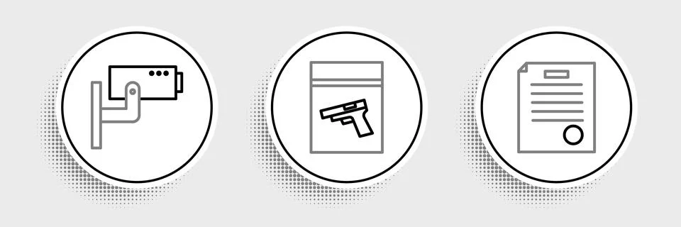 Set line The arrest warrant, Security camera and Evidence bag and pistol or gun Stock Illustration