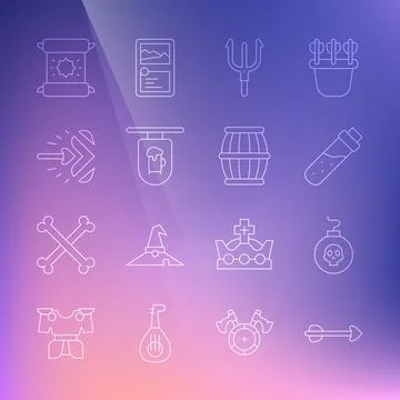 Set line Arrow, Bomb ready to explode, Bottle with potion, Neptune Trident Stock Illustration