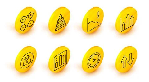 Set line Arrow, Clock, Pie chart infographic, Shopping bag with Sale, Financial Stock Illustration