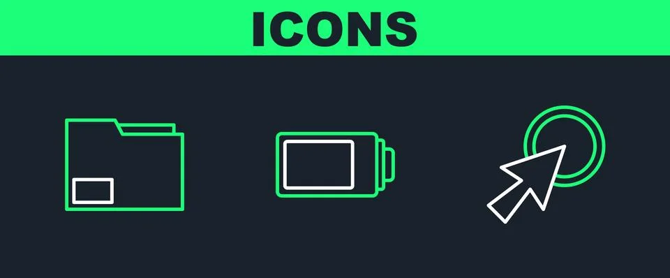 Set line Arrow cursor, Document folder and Battery charge level indicator i.. Stock Illustration