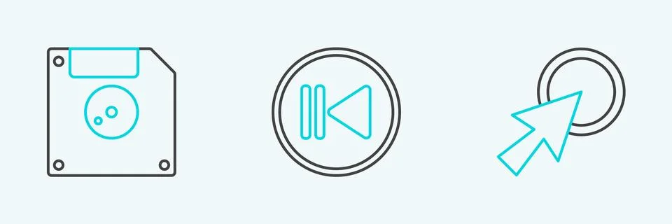 Set line Arrow cursor, Floppy disk for computer data storage and Rewind icon Stock Illustration