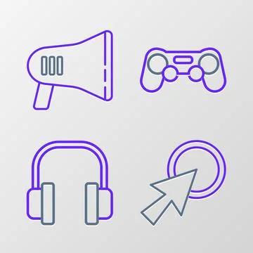 Set line Arrow cursor, Headphones, Gamepad and Megaphone icon. Vector Illustrazione stock