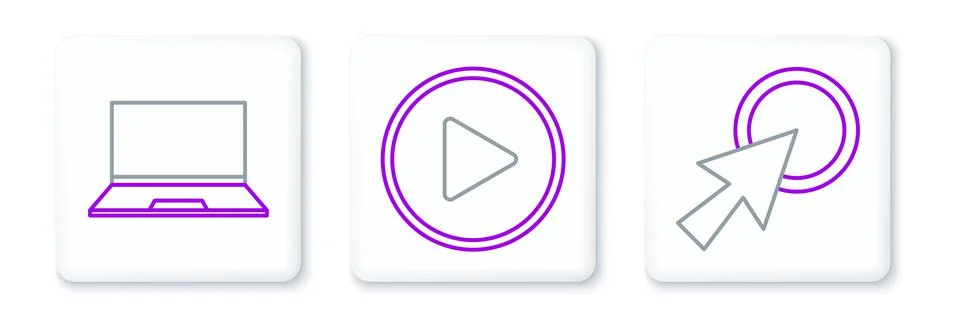 Set line Arrow cursor, Laptop and Play in circle icon. Vector Illustrazione stock