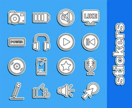 Set line Arrow cursor, Microphone, Rewind, Speaker mute, Headphones, Power Ilustração Stock