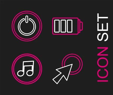 Set line Arrow cursor, Music note, tone, Battery charge level indicator and.. 스톡 일러스트