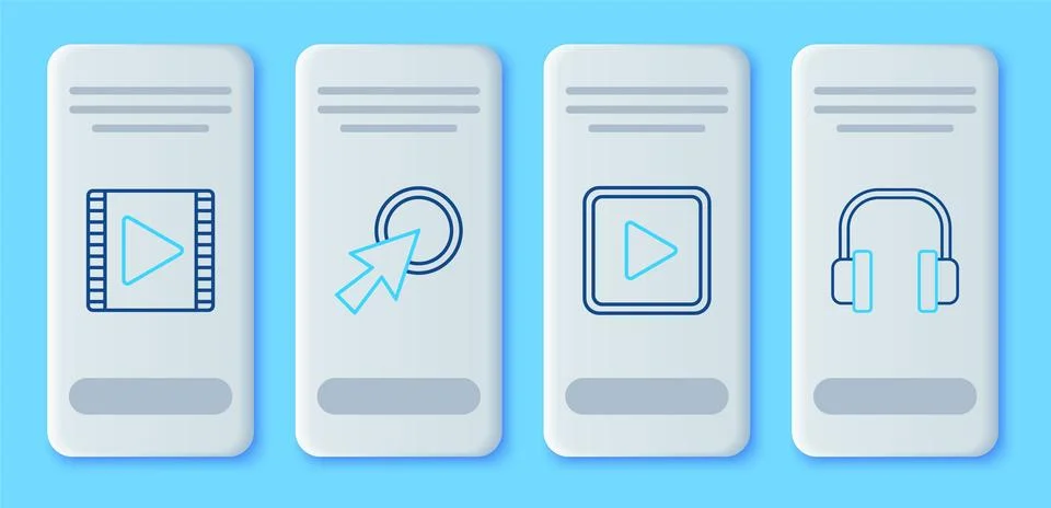 Set line Arrow cursor, Play in square, Video and Headphones icon. Vector Stockillustratie