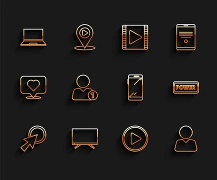 Set line Arrow cursor, Smart Tv, Laptop, Play in circle, Add friend, Power .. Stock Illustration