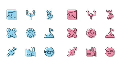 Set line Arrow, Factory, Graph, chart, diagram, Project team base, Wrench a.. Stock Illustration