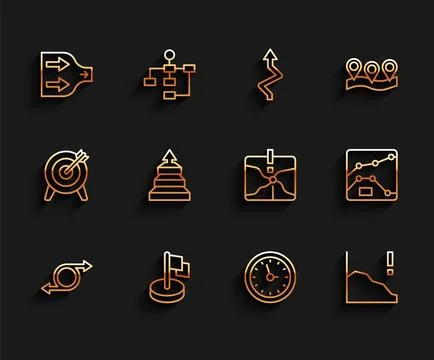 Set line Arrow, Flag, Clock, Financial growth decrease, Pyramid chart Stock Illustration