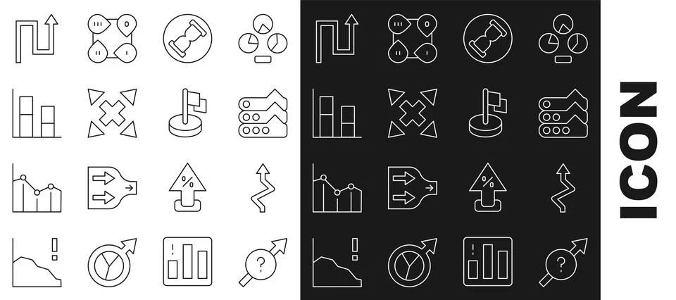 Set line Arrow, Graph, chart, diagram, Old hourglass with sand, Many ways Stock Illustration