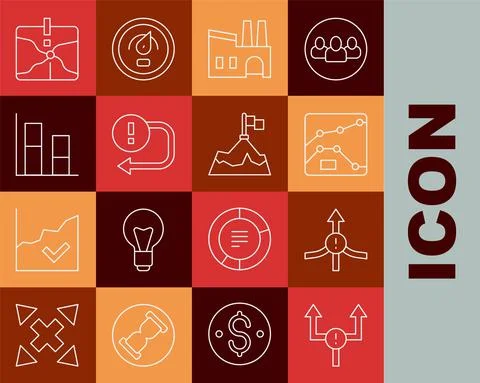 Set line Arrow, Graph, chart, diagram, Factory, Intersection point and Mountains Stock Illustration