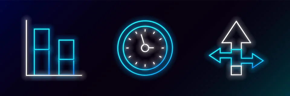 Set line Arrow, Graph, chart, diagram and Clock icon. Glowing neon. Vector Illustrazione stock