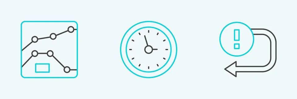 Set line Arrow, Graph, chart, diagram and Clock icon. Vector Illustrazione stock