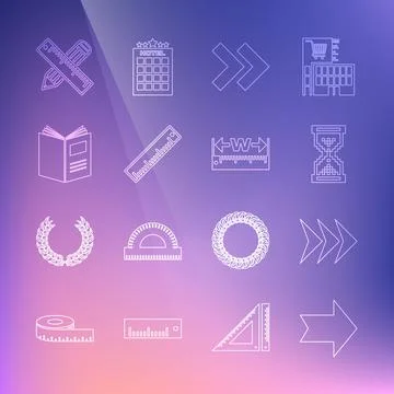 Set line Arrow, Hourglass pixel, Ruler, Open book, Crossed ruler and pencil and Stock Illustration