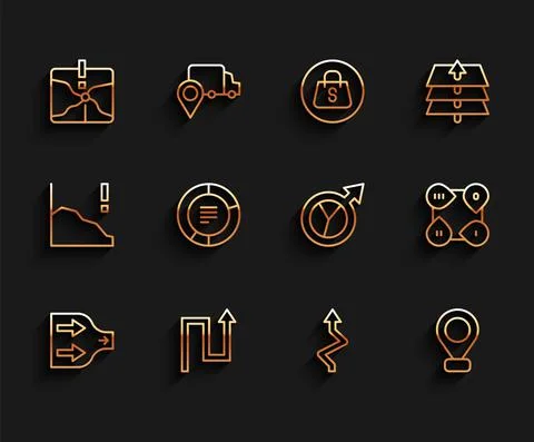 Set line Arrow, Intersection point, Location, Pie chart infographic, Infographic Stock Illustration