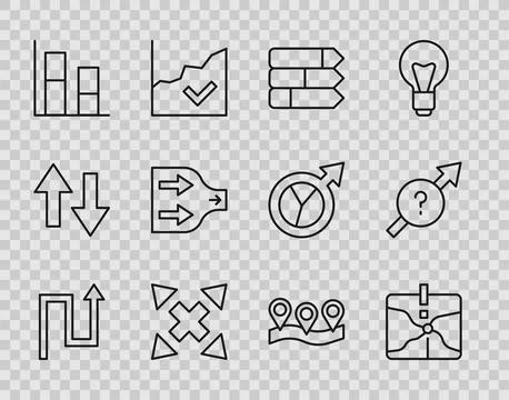 Set line Arrow, Intersection point, Pie chart infographic, Many ways directio Stock Illustration