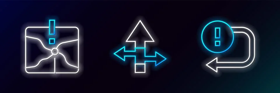 Set line Arrow, Intersection point and  icon. Glowing neon. Vector Ilustração Stock