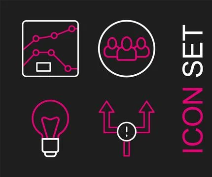 Set line Arrow, Light bulb, Project team base and Graph, chart, diagram ico.. Stockillustratie