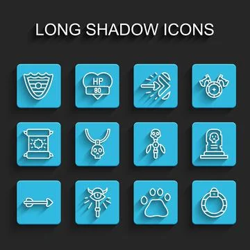 Set line Arrow, Magic staff, Shield, Bear paw footprint, stone ring, Necklace Stock Illustration