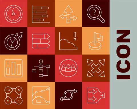 Set line Arrow, Many ways directional arrow, Flag, Pie chart infographic Stock Illustration