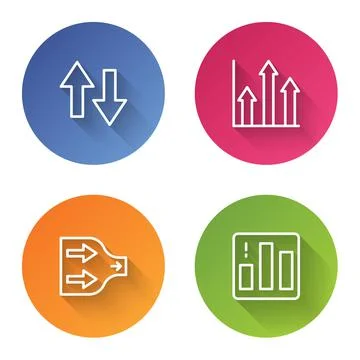 Set line Arrow, Pie chart infographic,  and . Color circle button. Vector Stock Illustration