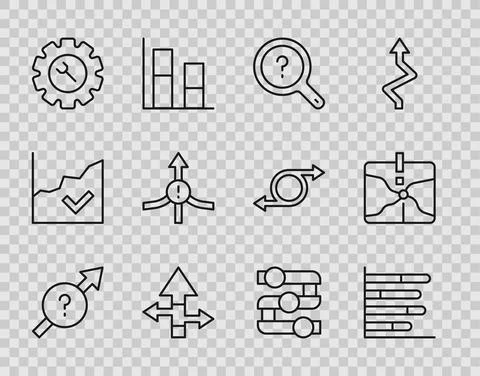 Set line Arrow, Pie chart infographic, Unknown search, Wrench and gear, Graph Stock Illustration
