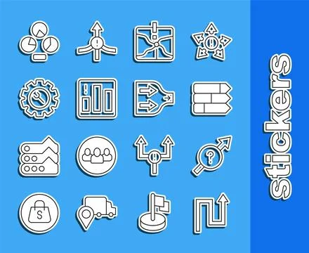 Set line Arrow, Pie chart infographic, Intersection point, Wrench and gear, and Stock-Illustration