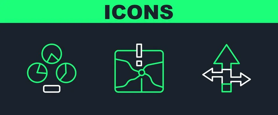 Set line Arrow, Pie chart infographic and Intersection point icon. Vector Illustrazione stock