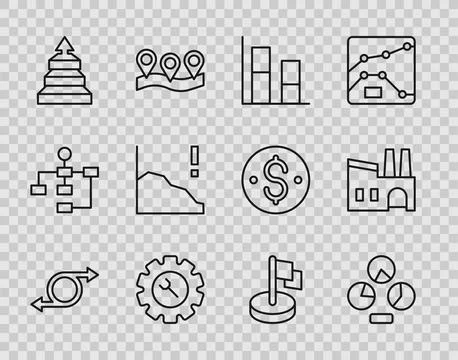 Set line Arrow, Pie chart infographic, Graph, chart, diagram, Wrench and ge.. Stock Illustration