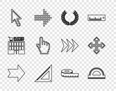Set line Arrow, Protractor grid, Laurel wreath, Triangular ruler, Pixel arrow Stock Illustration