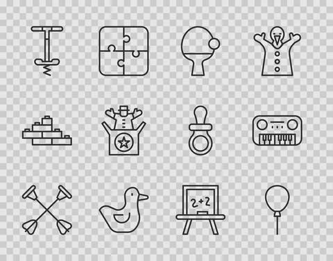 Set line Arrow with sucker tip, Balloons ribbon, Racket and ball, Rubber duck Stock-Illustration
