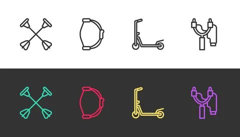 Set line Arrow with sucker tip, Bow toy, Scooter and Slingshot on black and Stock-Illustration