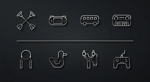 Set line Arrow with sucker tip, Jump rope, Toy piano, Slingshot, Rubber duck Stock Illustration