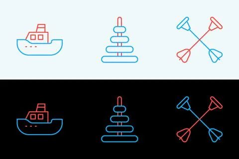Set line Arrow with sucker tip, Toy boat and Pyramid toy icon. Vector Stock-Illustration