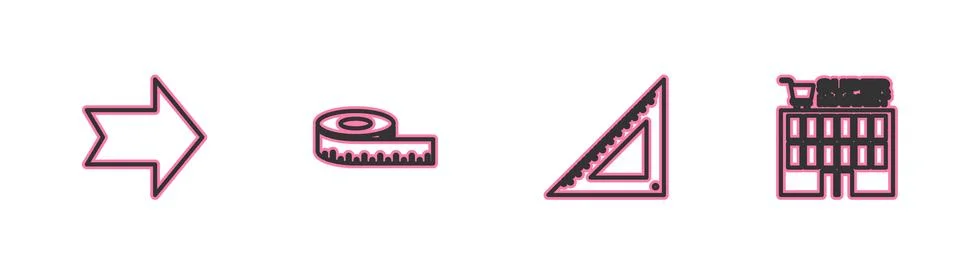 Set line Arrow, Triangular ruler, Tape measure and Supermarket building icon Illustrazione stock