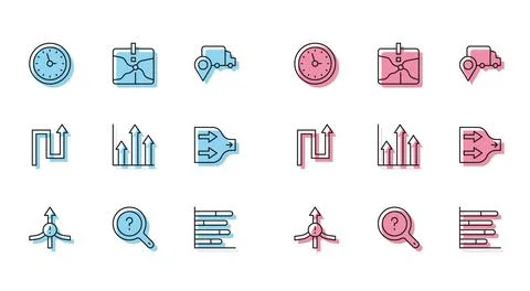Set line Arrow, Unknown search, Clock, Pie chart infographic, and Intersection Stockillustratie