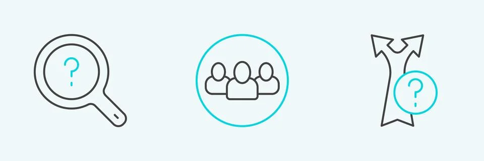 Set line Arrow, Unknown search and Project team base icon. Vector Stock Illustration