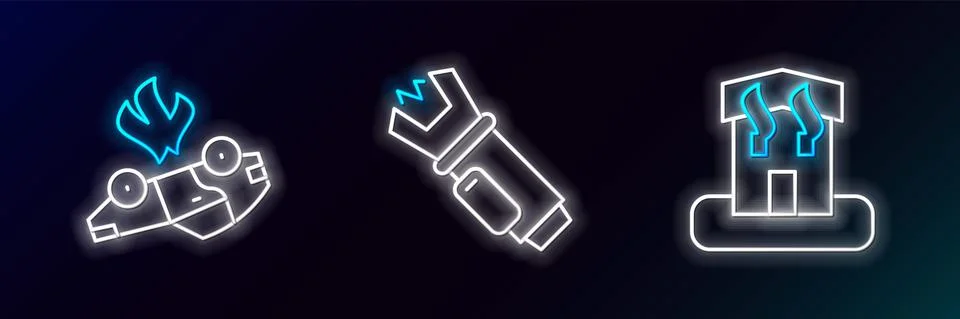 Set line Arson home, Burning car and Police electric shocker icon. Glowing neon Stock Illustration