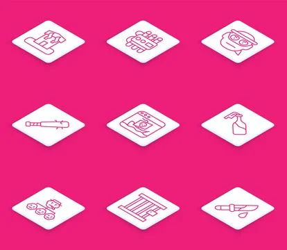 Set line Arson home, Dynamite and timer clock, Bandit, Baseball bat with na.. Stock Illustration