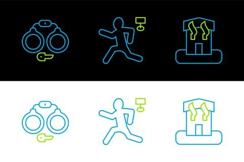 Set line Arson home, Handcuffs and Murder icon. Vector Stock Illustration