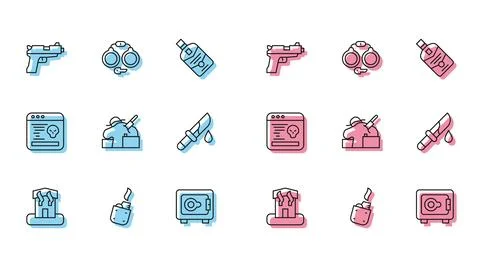 Set line Arson home, Lighter, Pistol or gun, Safe, Murder, Bloody knife, Sy.. Stock Illustration