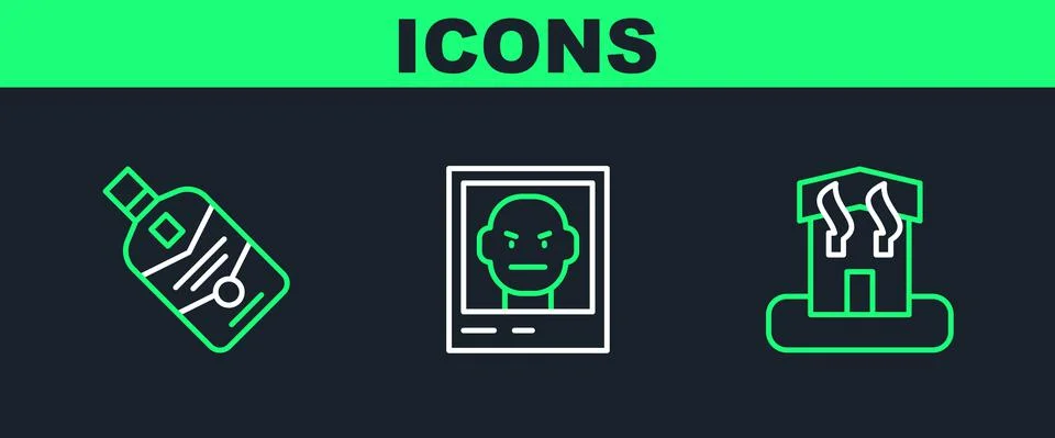 Set line Arson home, Whiskey bottle and Wanted poster icon. Vector Stock Illustration
